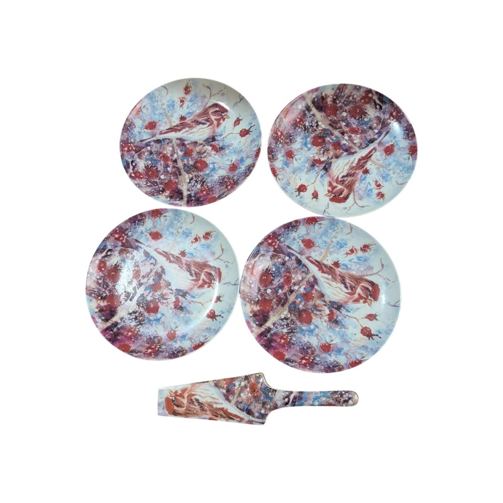Judy Buswell Winter Watch Bird Dessert Plate Set of 4 with Cake Server Baum Bros